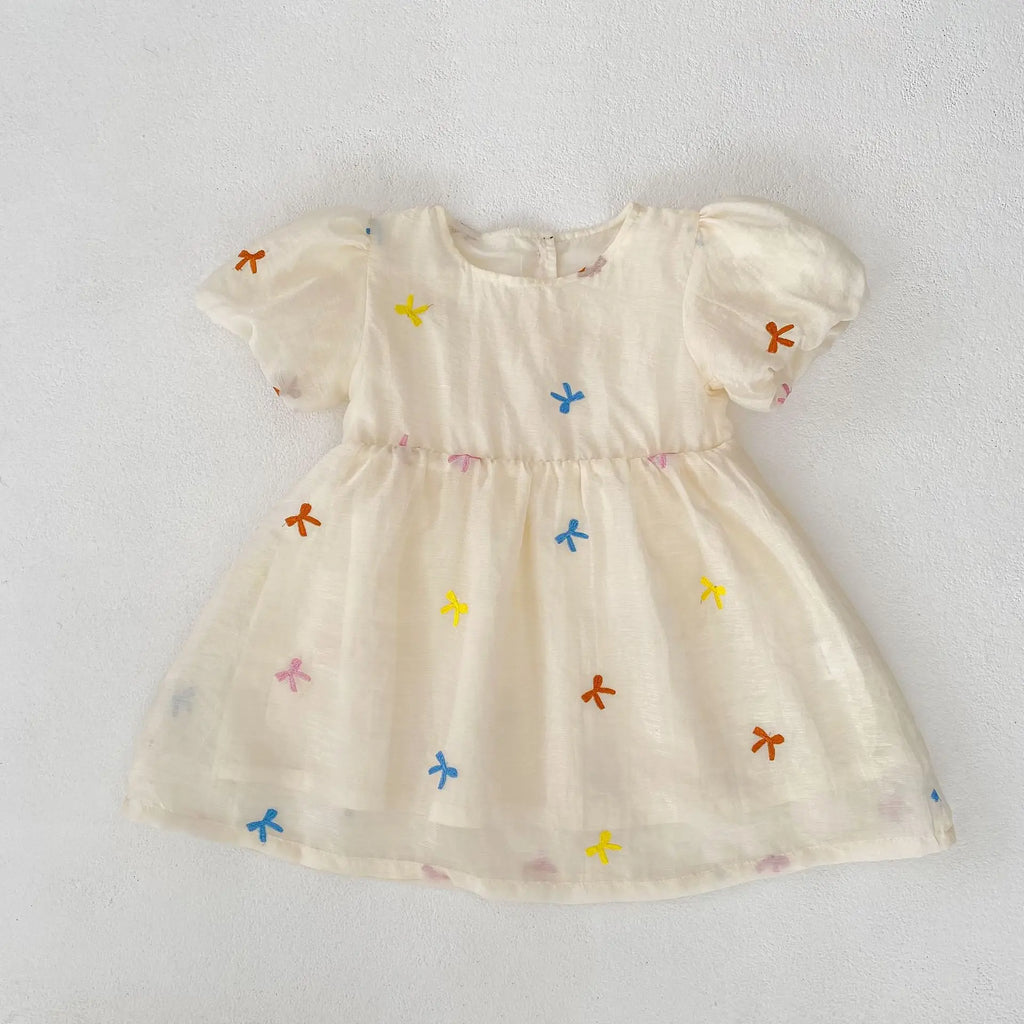 Fashion Baby Girls Embroidered Bow Puff Sleeve Cotton Backless Princess Dress with colorful bow patterns