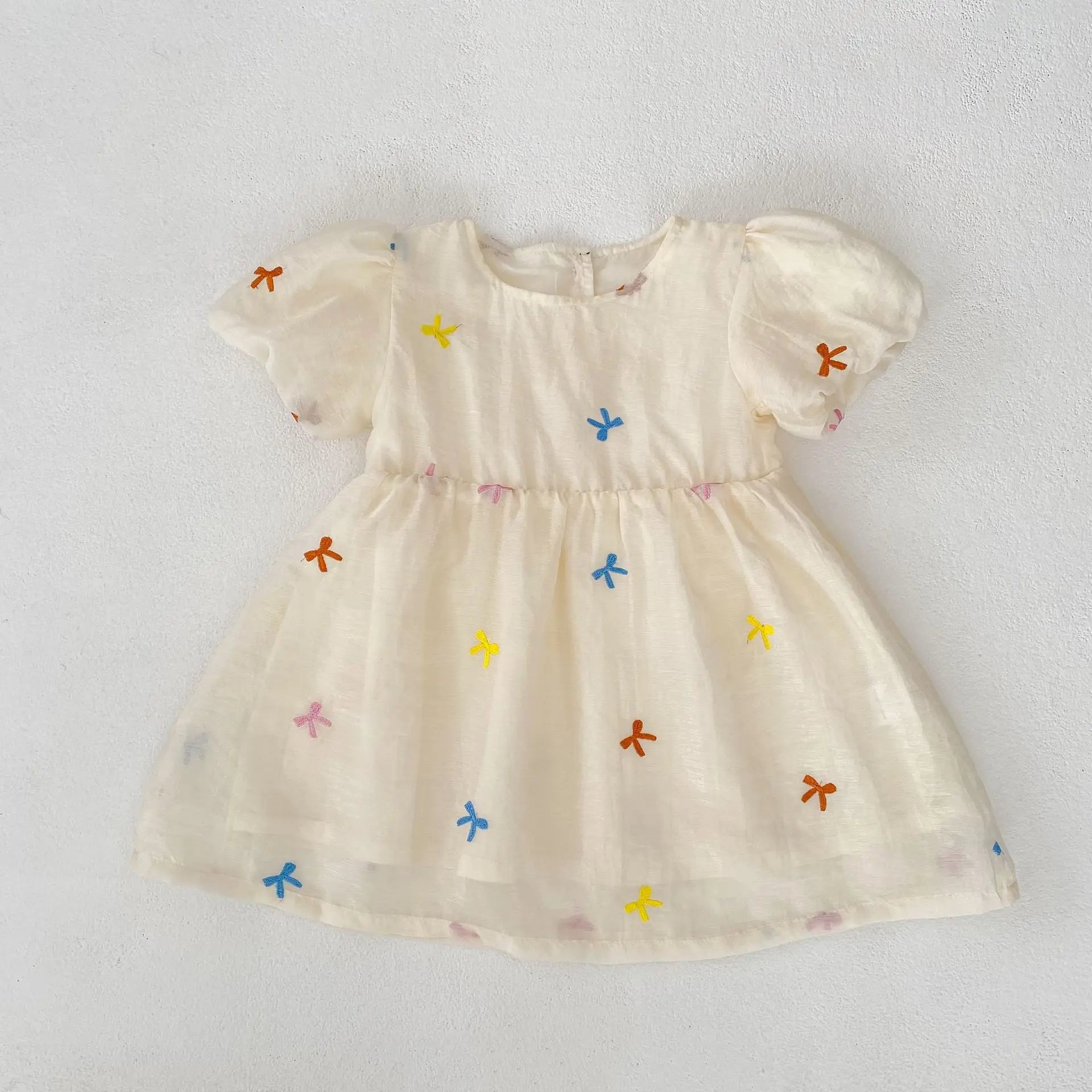 Fashion Baby Girls Embroidered Bow Puff Sleeve Cotton Backless Princess Dress with colorful bow patterns