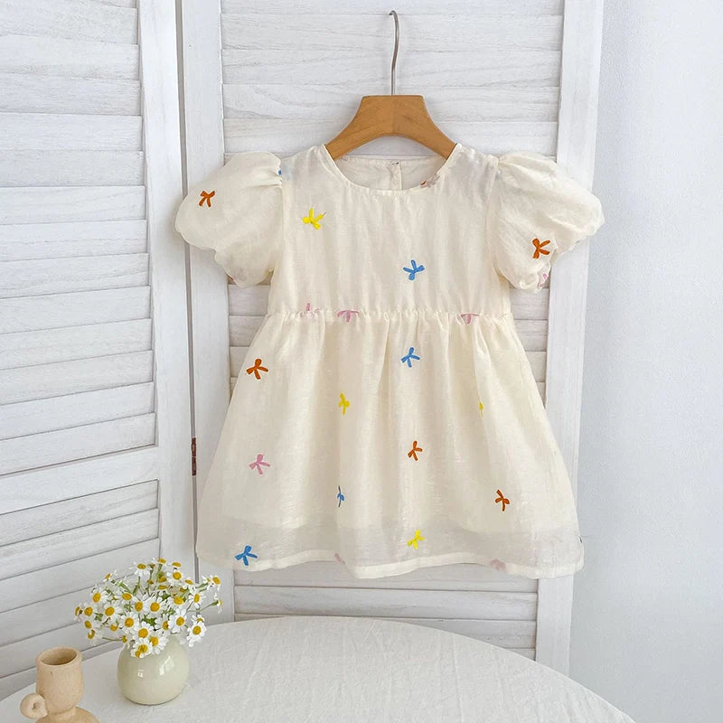 Fashion Baby Girls Embroidered Bow Puff Sleeve Cotton Backless Princess Dress in cream with colorful embroidery