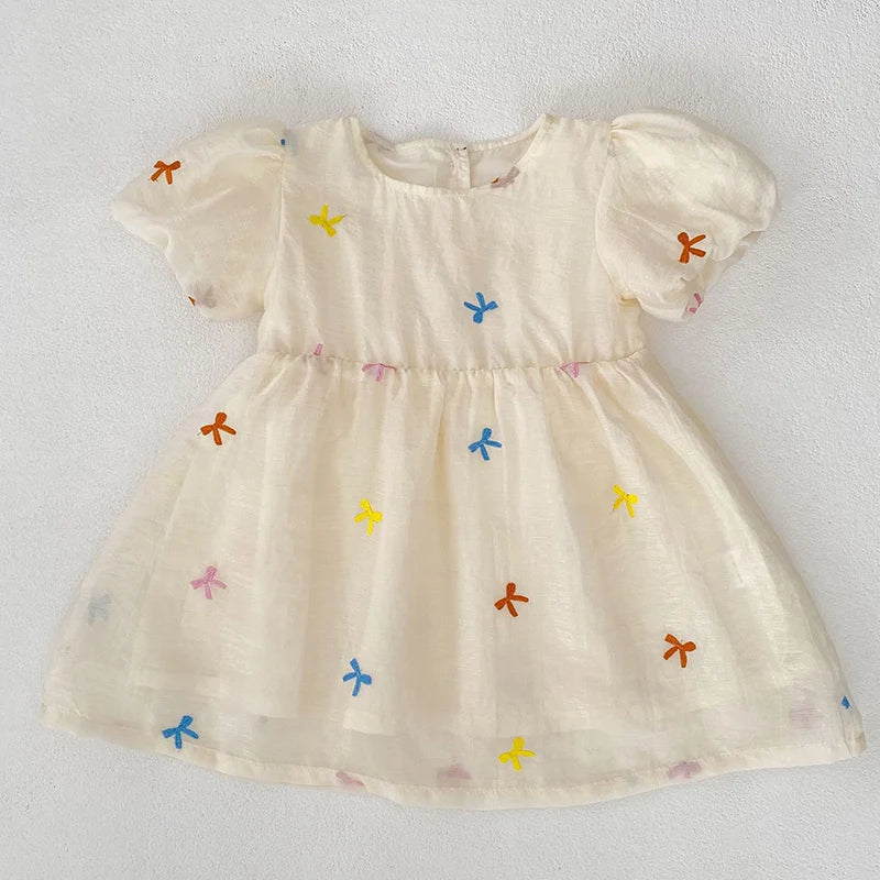 Fashion Baby Girls Embroidered Bow Puff Sleeve Cotton Backless Princess Dress with colorful bow details