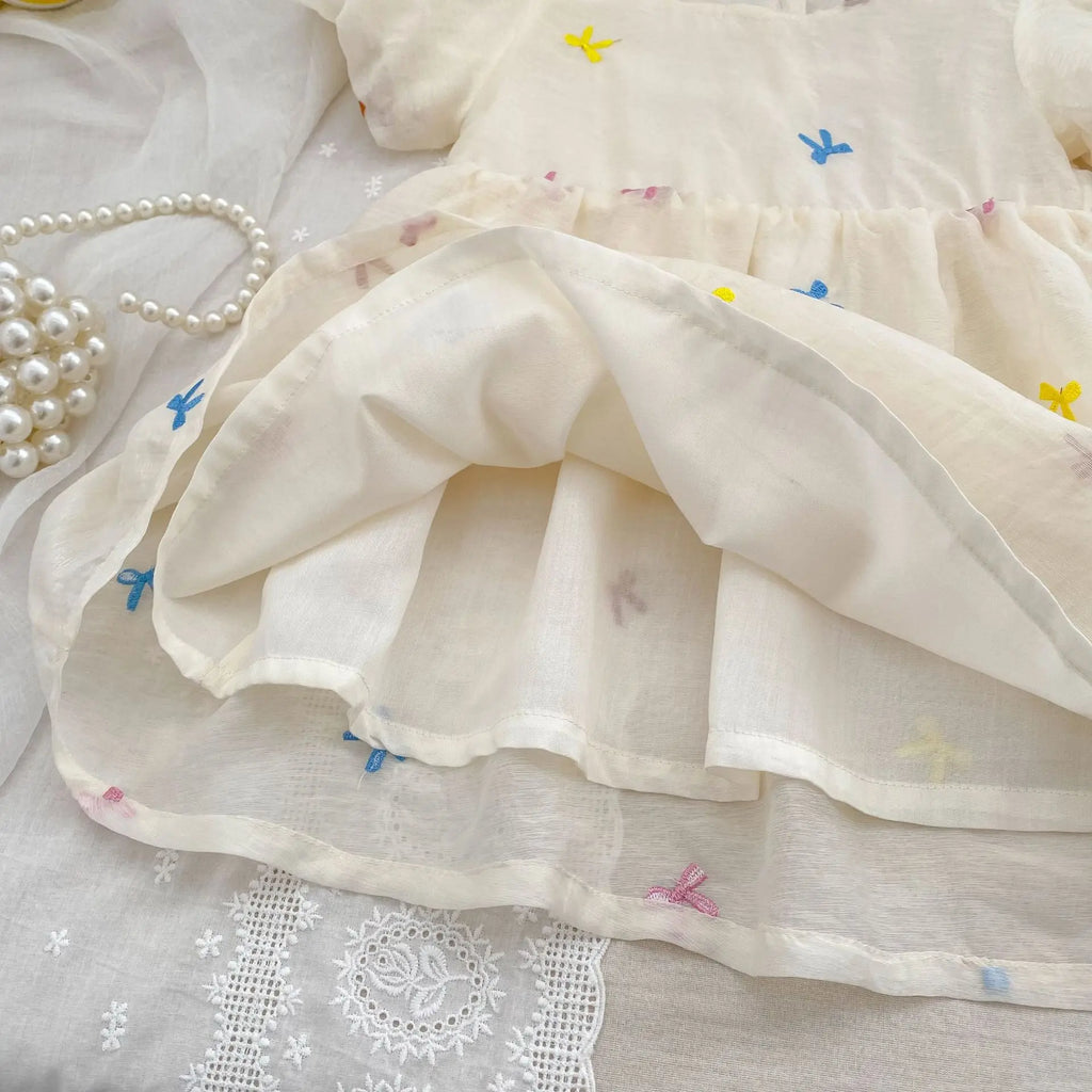 Fashion Baby Girls Embroidered Bow Puff Sleeve Cotton Backless Princess Dress with delicate pastel bow details