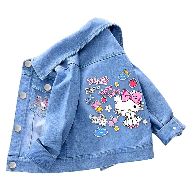 Fashion Baby Girls Hello Kitty Kuromi Denim Jacket Coat Spring Autumn Wear with colorful cartoon patches