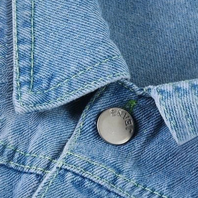 Fashion Baby Girls Hello Kitty Kuromi Denim Jacket Coat Spring Autumn Wear close-up of collar and jean button