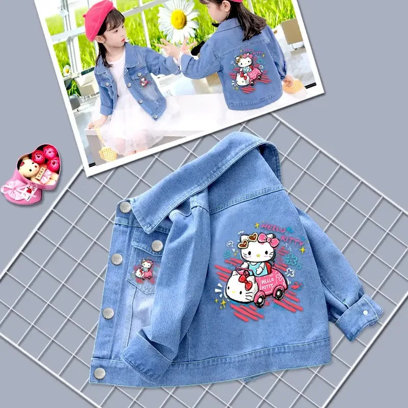 Fashion Baby Girls Hello Kitty Kuromi Denim Jacket Coat Spring Autumn Wear with colorful character print on back