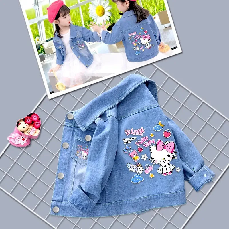 Fashion Baby Girls Hello Kitty Kuromi Denim Jacket Coat Spring Autumn Wear with colorful cartoon patches 