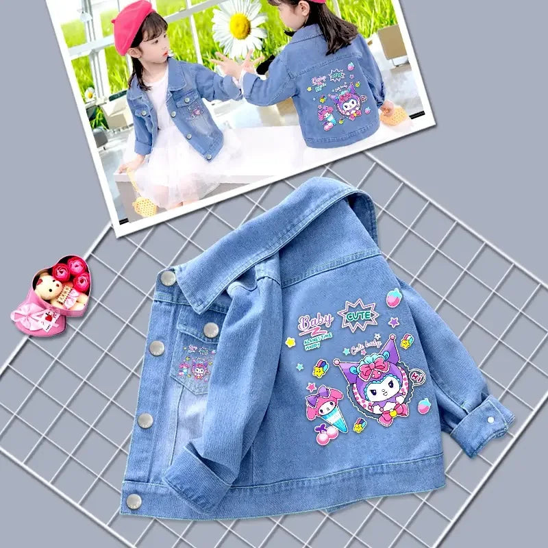 Fashion Baby Girls Hello Kitty Kuromi Denim Jacket Coat Spring Autumn Wear with colorful cartoon patches  