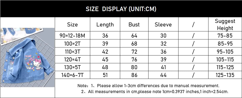Size chart for Fashion Baby Girls Hello Kitty Kuromi Denim Jacket Coat Spring Autumn Wear with measurements in centimeters for ages 12 months to 7 years