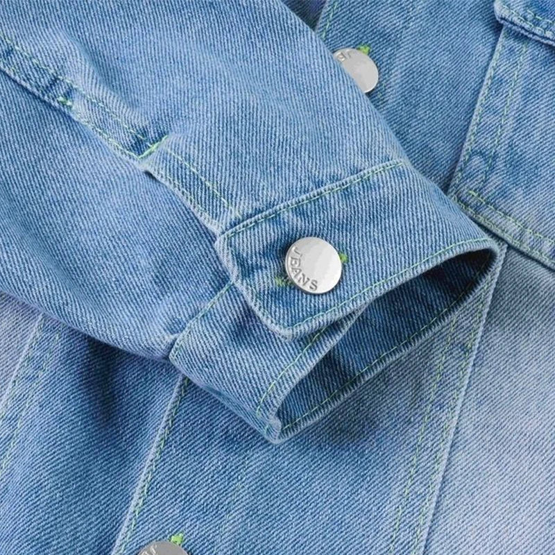 Fashion Baby Girls Hello Kitty Kuromi Denim Jacket Coat Spring Autumn Wear close-up of blue denim sleeve with silver button