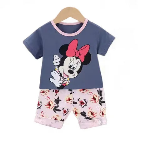 Fashion Baby Girls Summer Set Cute T-shirt and Shorts Toddler Clothing Outfit with Minnie Mouse and floral shorts