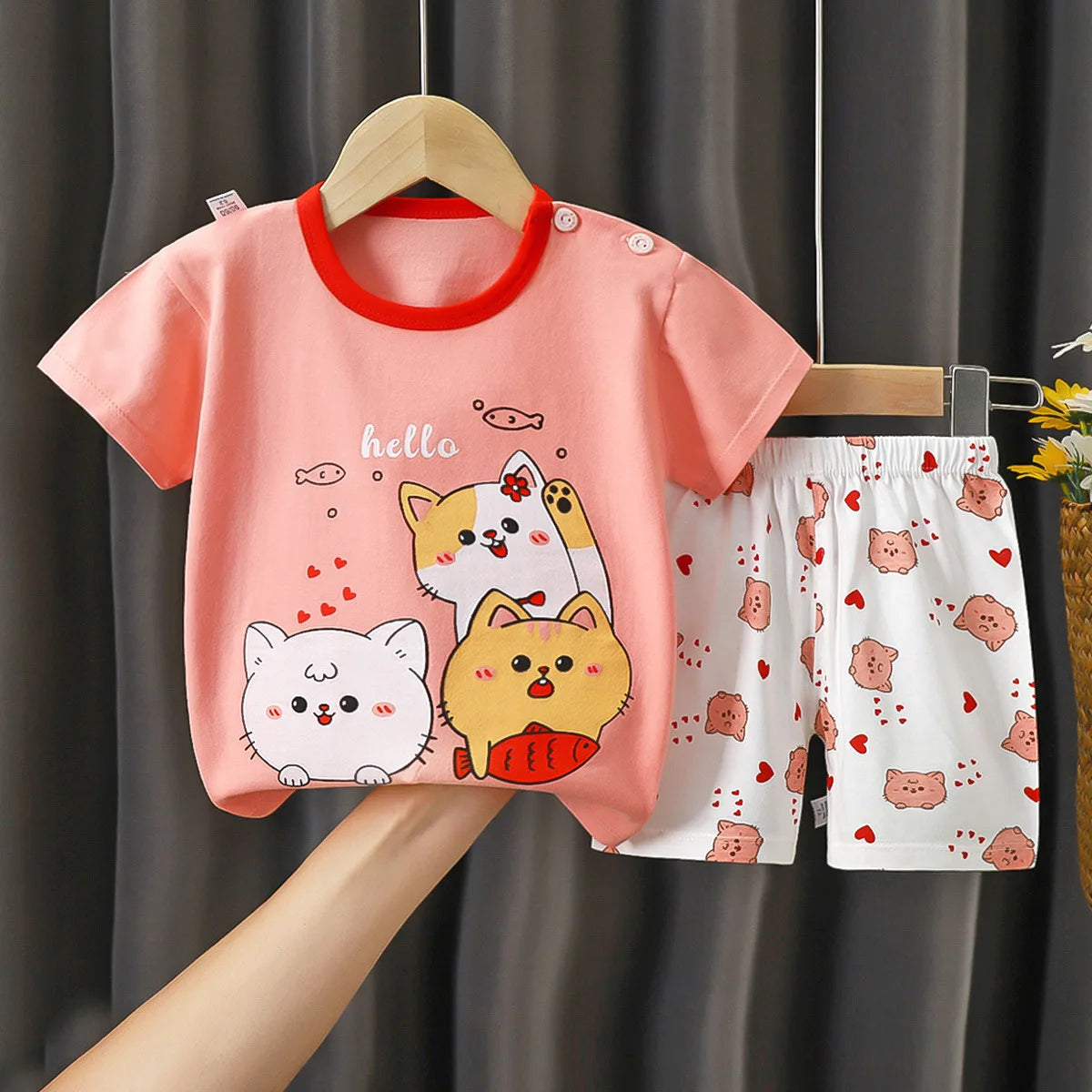 Fashion Baby Girls Summer Set Cute T-shirt and Shorts Toddler Clothing Outfit with cat prints