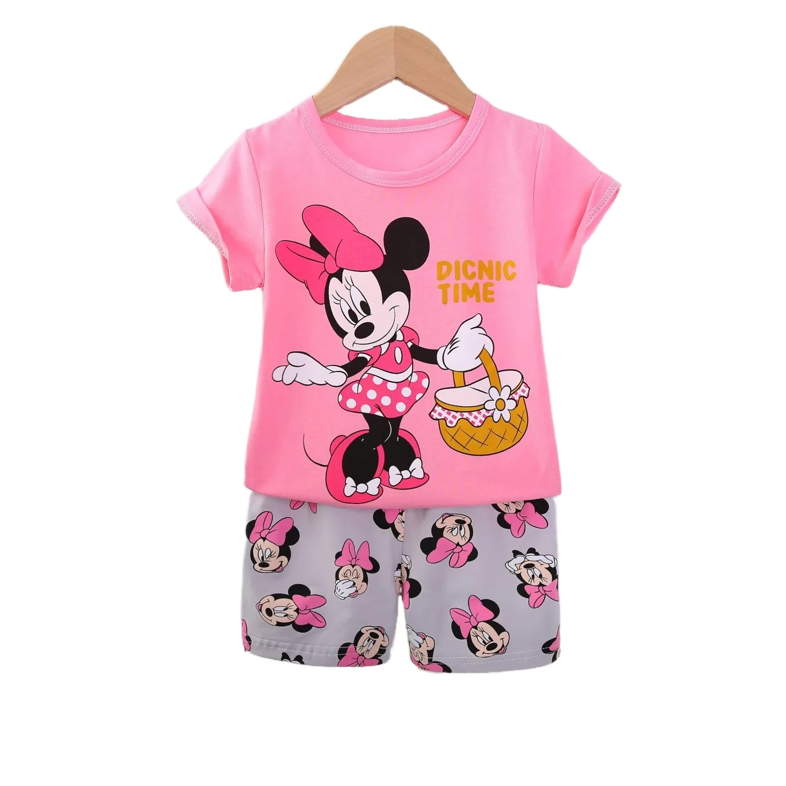 Fashion Baby Girls Summer Set Cute T-shirt and Shorts Toddler Clothing Outfit with Minnie Mouse design in pink and gray
