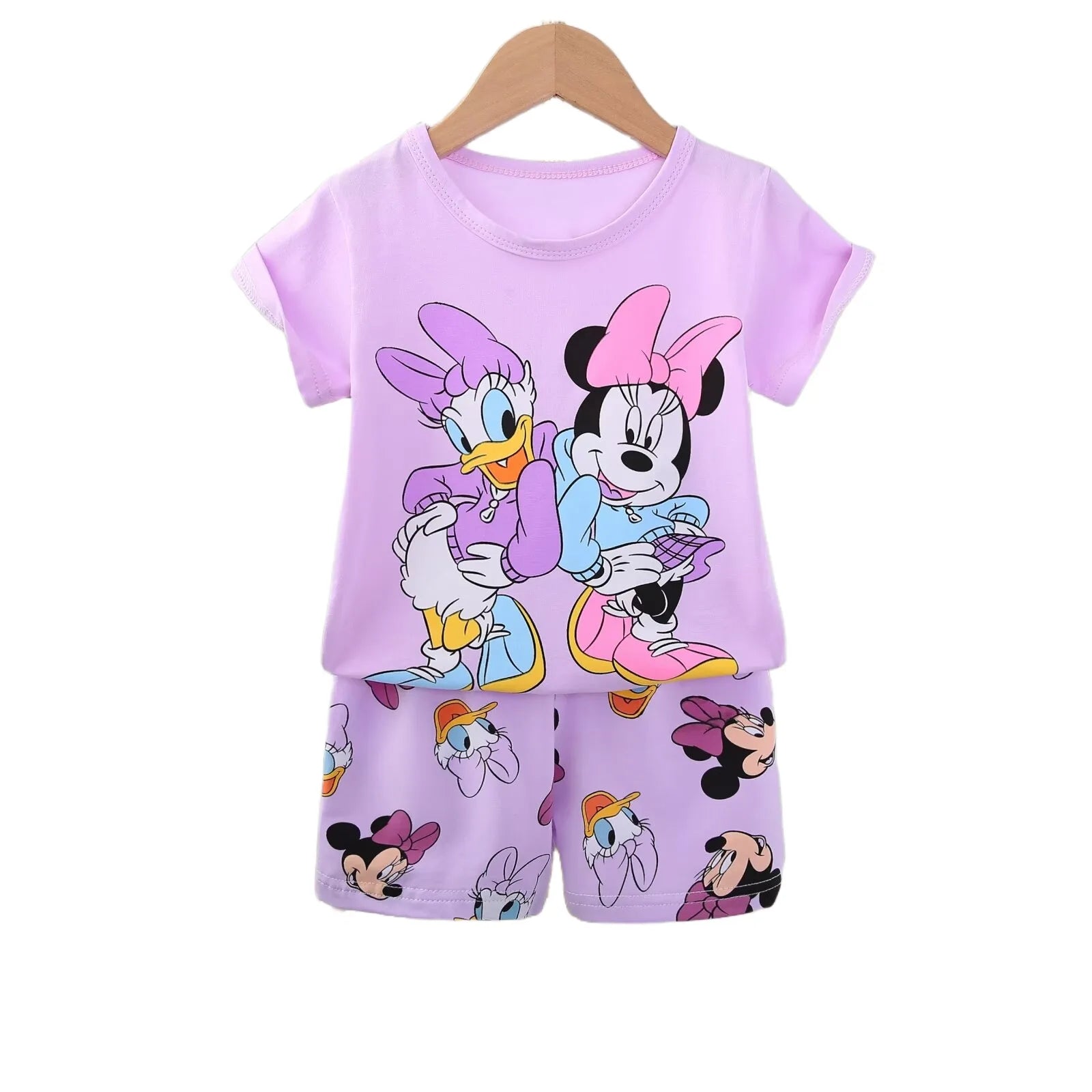 Fashion Baby Girls Summer Set Cute T-shirt and Shorts Toddler Clothing Outfit with Minnie and Daisy prints in purple