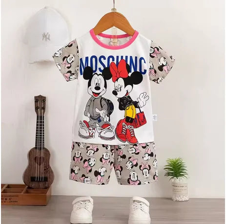 Fashion Baby Girls Summer Set Cute T-shirt and Shorts Toddler Clothing Outfit with Mickey and Minnie Mouse print