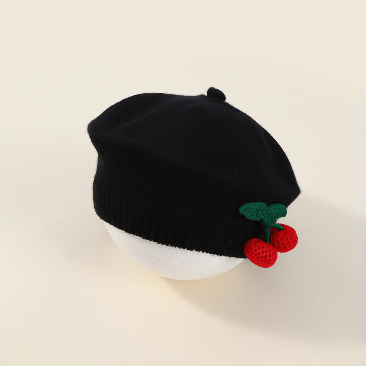 Fashion Baby Knitted Beret Hat Solid Color Cherry Warm Autumn Winter Kids Cap in black with red cherry details