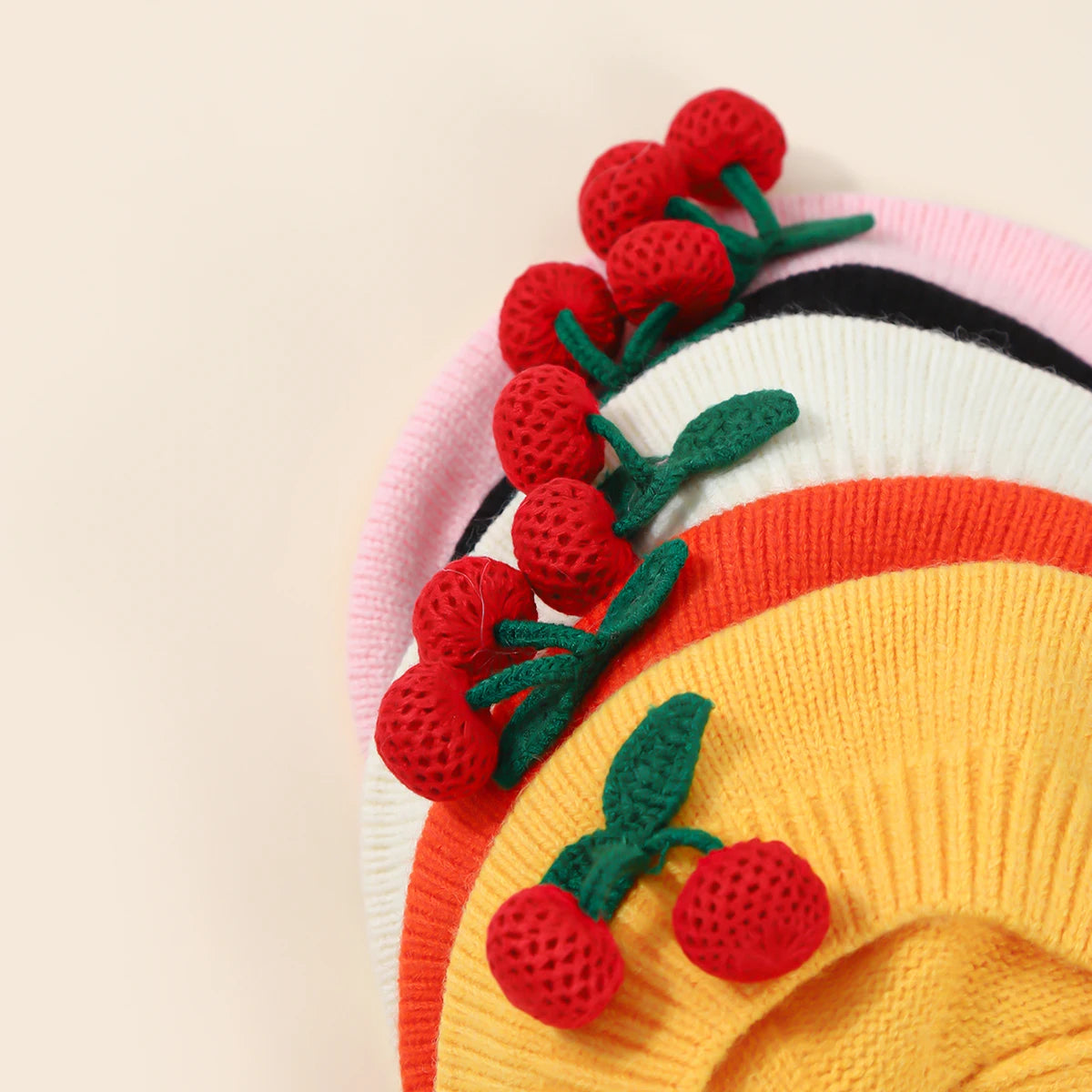 Fashion Baby Knitted Beret Hat Solid Color Cherry Warm Autumn Winter Kids Cap in multiple colors featuring red cherry decorations