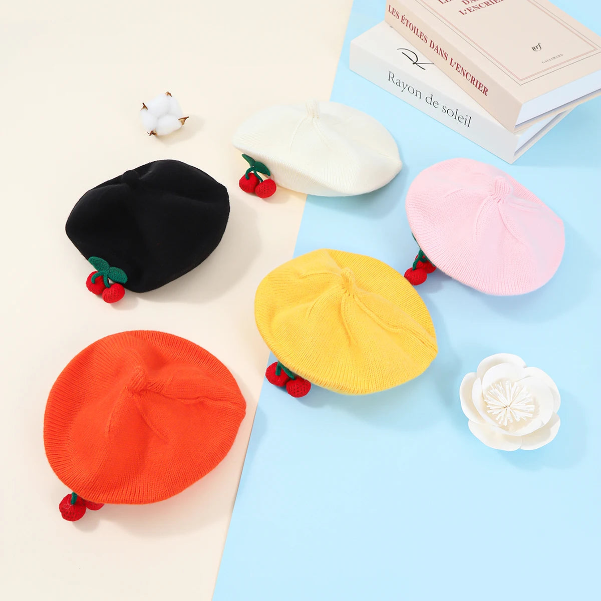 Fashion Baby Knitted Beret Hat Solid Color Cherry Warm Autumn Winter Kids Cap in black, white, pink, yellow, and orange by Yamza Tots' Closet