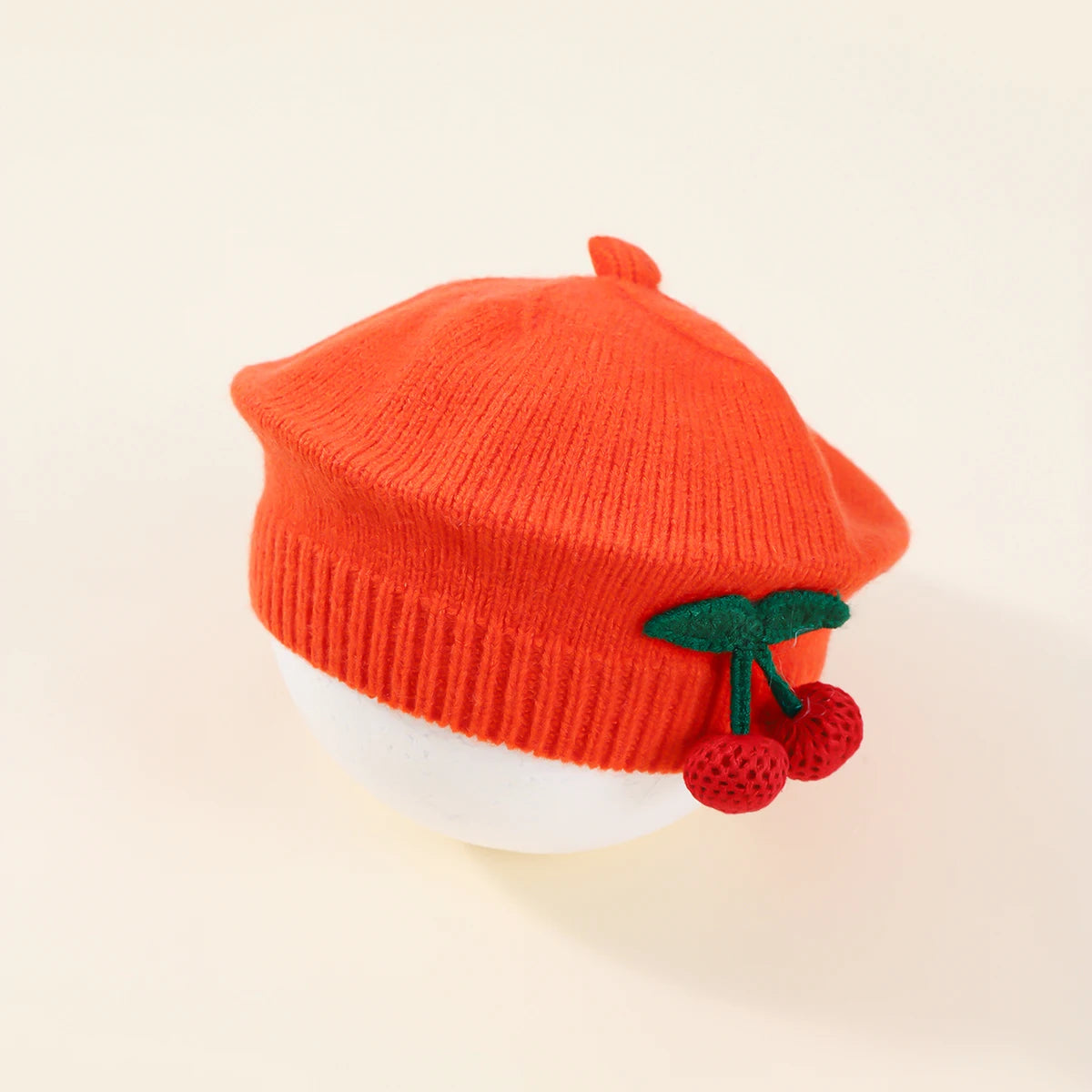 Fashion Baby Knitted Beret Hat Solid Color Cherry Warm Autumn Winter Kids Cap in bright red with cherry decoration