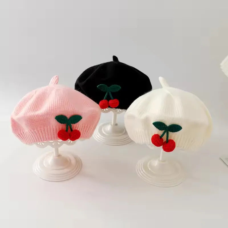 Fashion Baby Knitted Beret Hat Solid Color Cherry Warm Autumn Winter Kids Cap in pink black and white colors