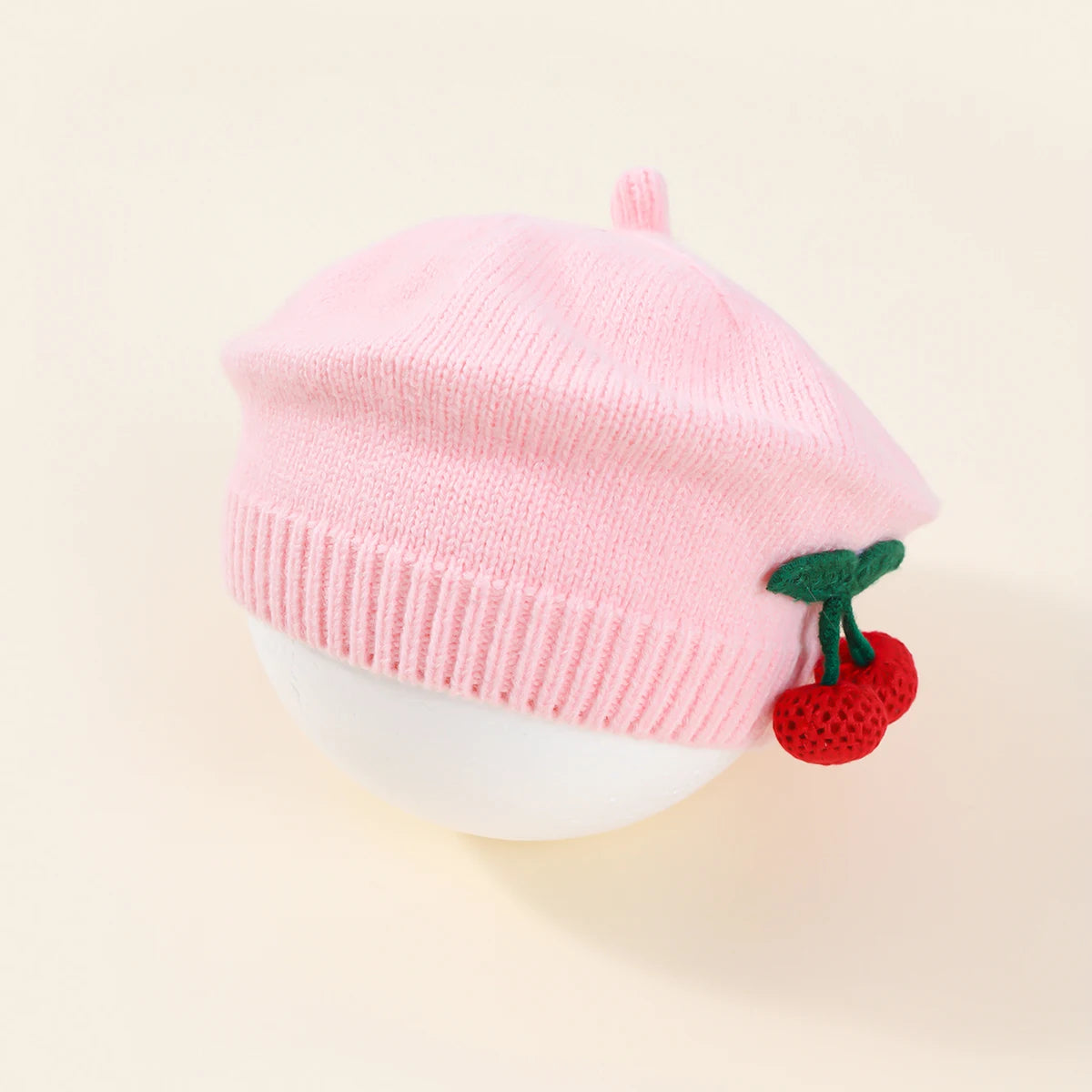 Fashion Baby Knitted Beret Hat Solid Color Cherry Warm Autumn Winter Kids Cap in pink with cherry decoration