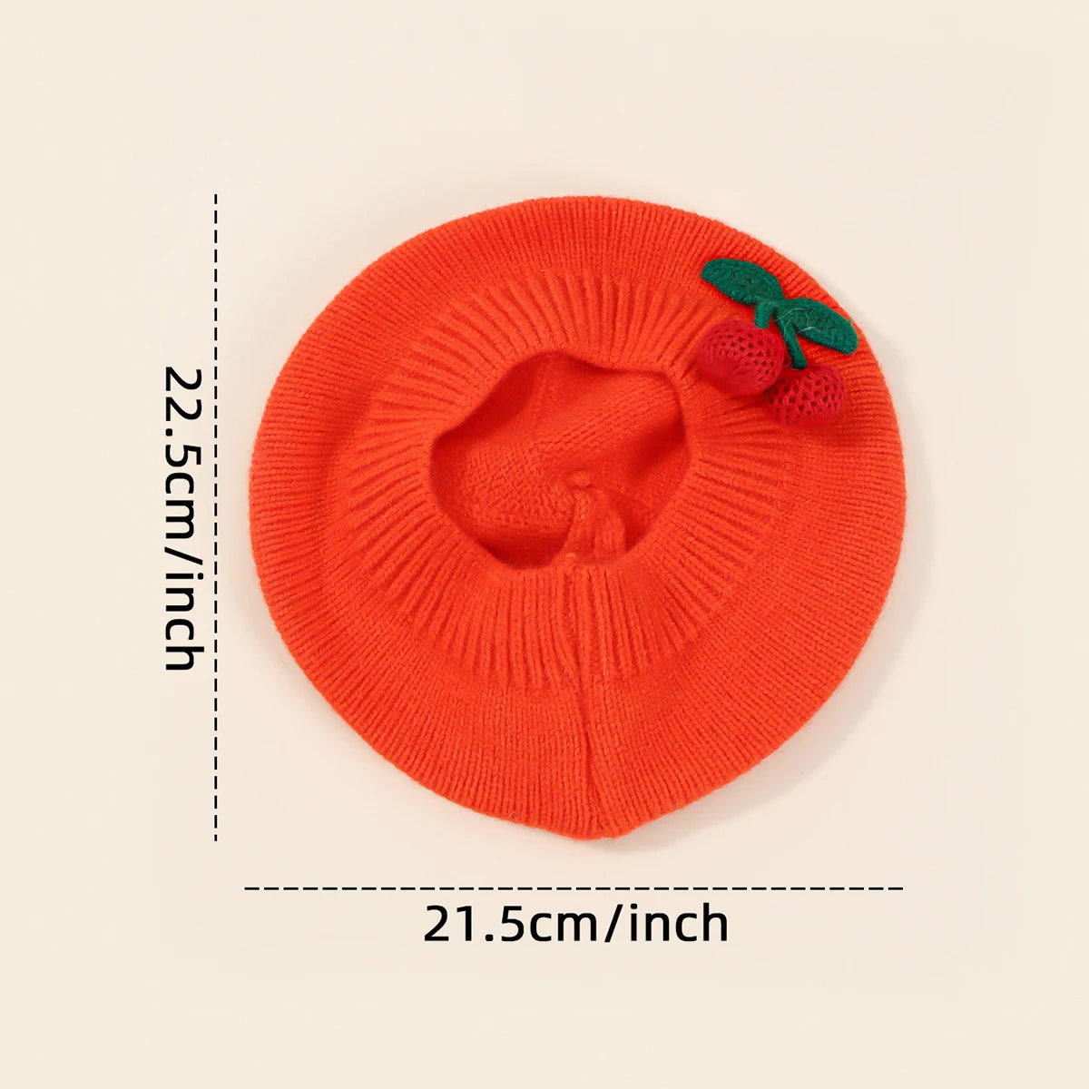 Fashion Baby Knitted Beret Hat Solid Color Cherry Warm Autumn Winter Kids Cap in bright red with cherry detail and size measurements