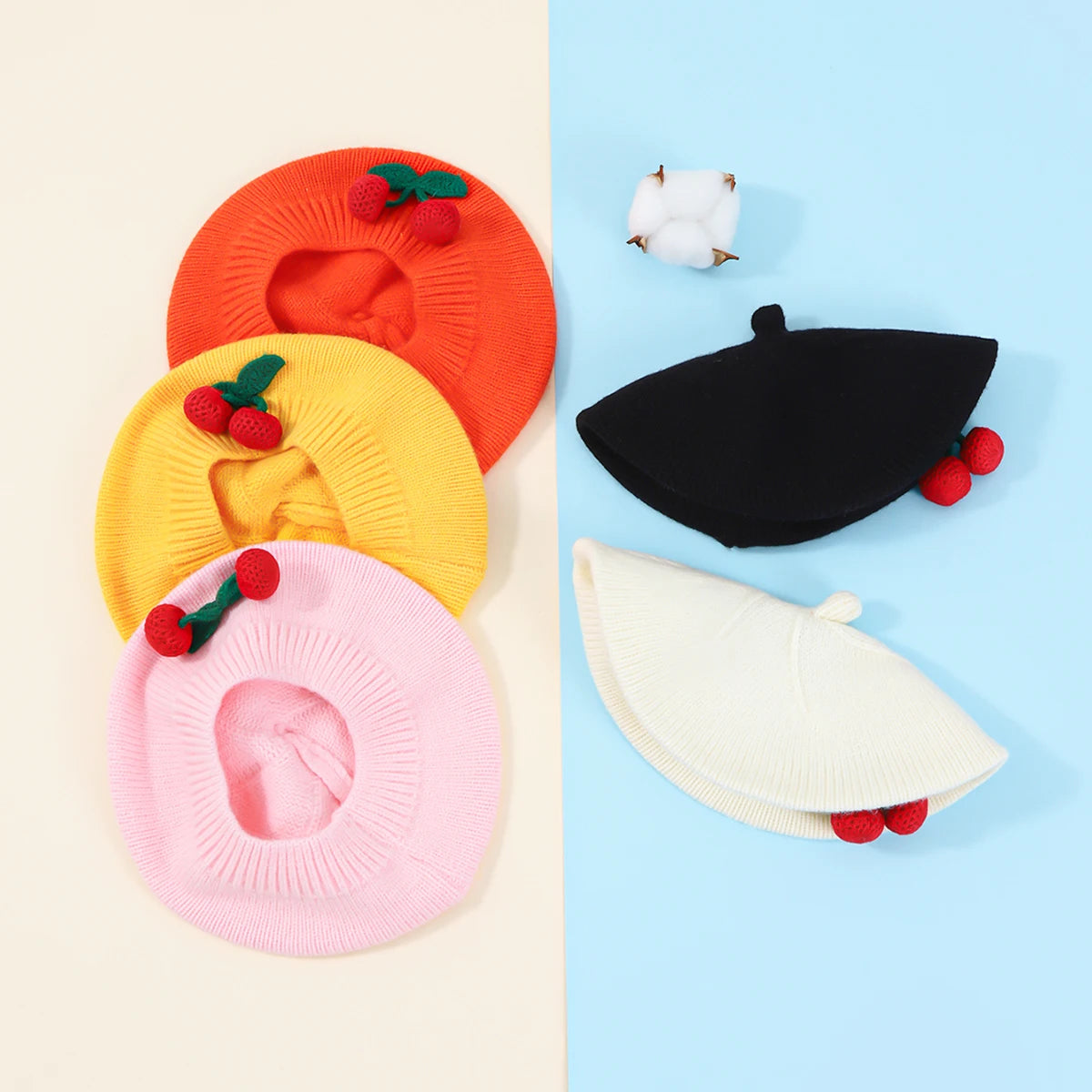 Fashion Baby Knitted Beret Hat Solid Color Cherry Warm Autumn Winter Kids Cap in pink yellow orange black and white