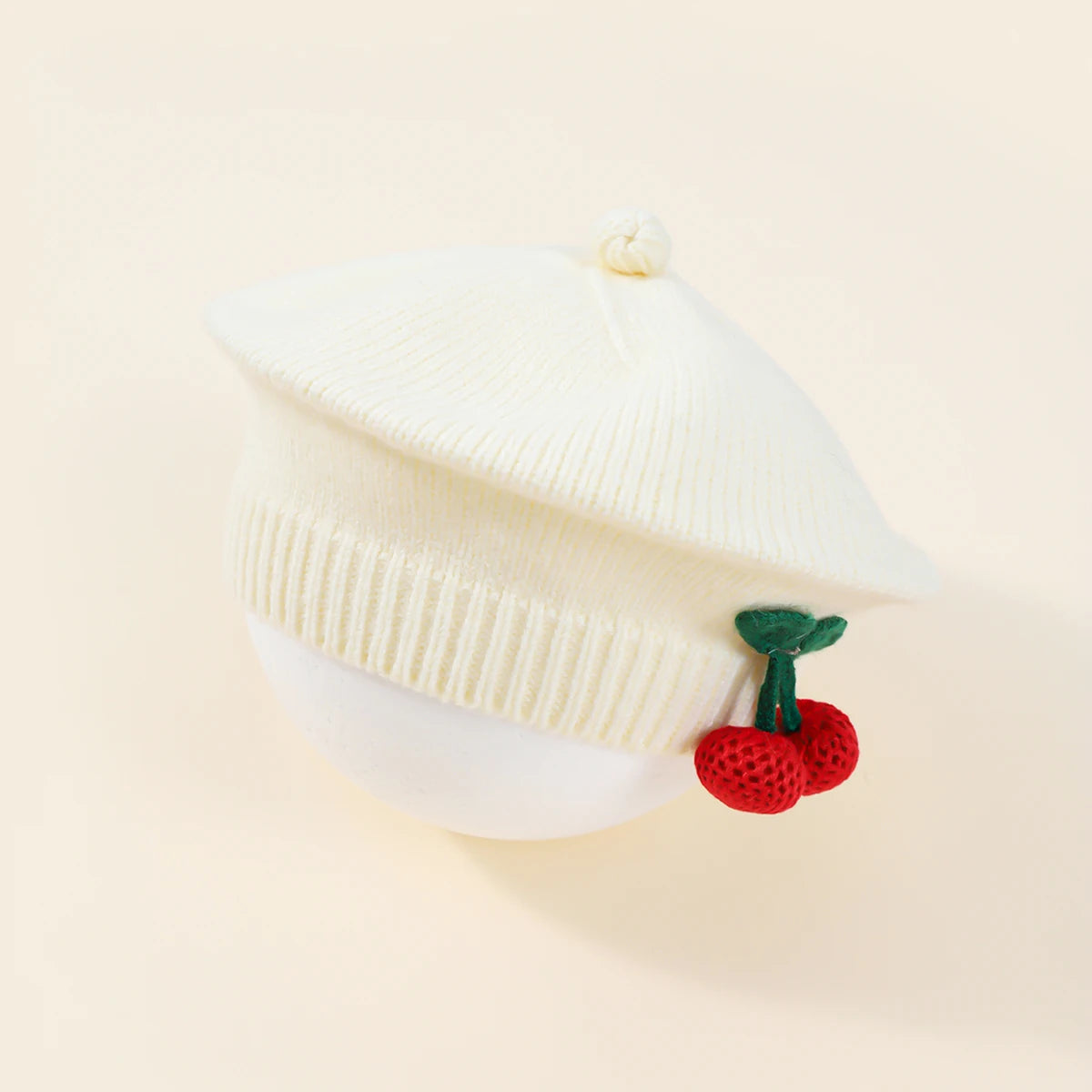 Fashion Baby Knitted Beret Hat Solid Color Cherry Warm Autumn Winter Kids Cap in white with red cherry detail