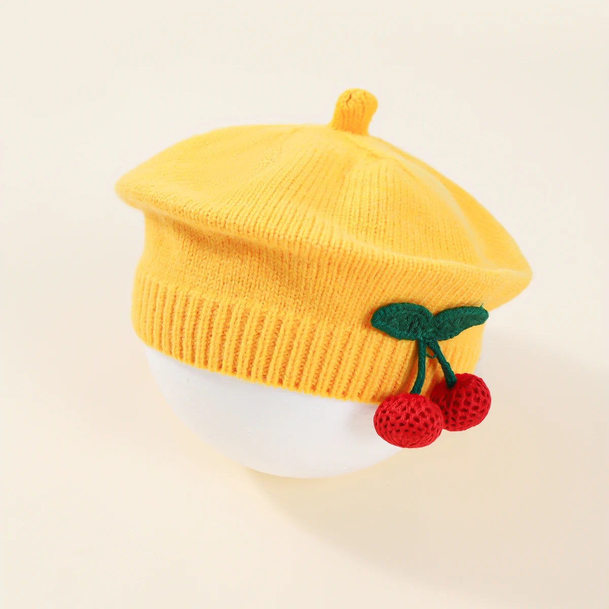 Fashion Baby Knitted Beret Hat Solid Color Cherry Warm Autumn Winter Kids Cap in yellow with cherry detail