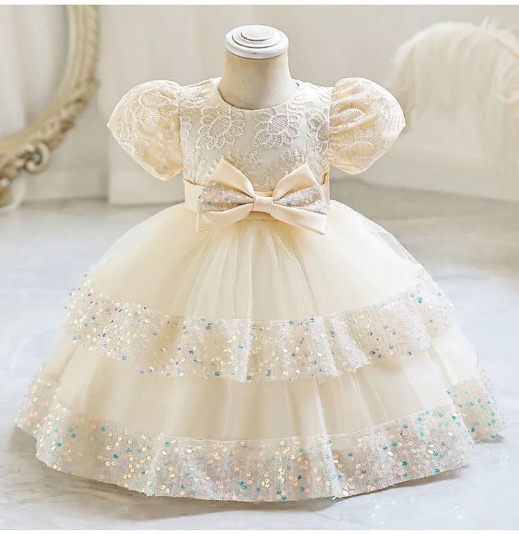 Fashion Bow Girls Party Dress Cotton Short Sleeve Kids Summer Bridesmaid Dress in cream with lace and sequin details