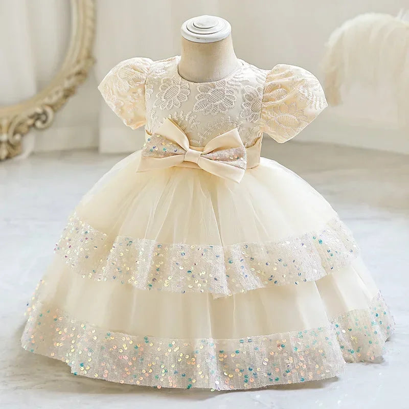 Fashion Bow Girls Party Dress Cotton Short Sleeve Kids Summer Bridesmaid Dress in cream with puff sleeves and sequin details