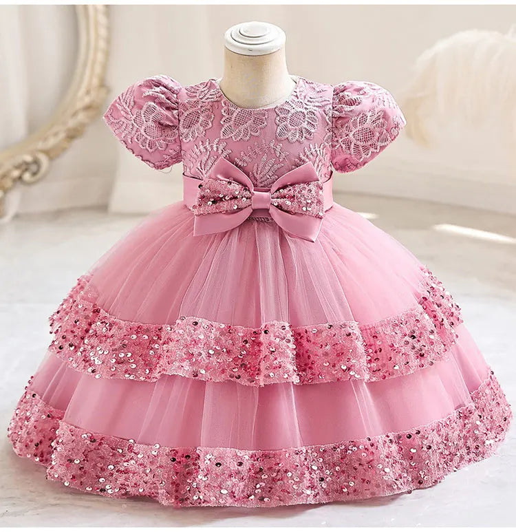 Fashion Bow Girls Party Dress Cotton Short Sleeve Kids Summer Bridesmaid Dress in pink with lace and sequins 