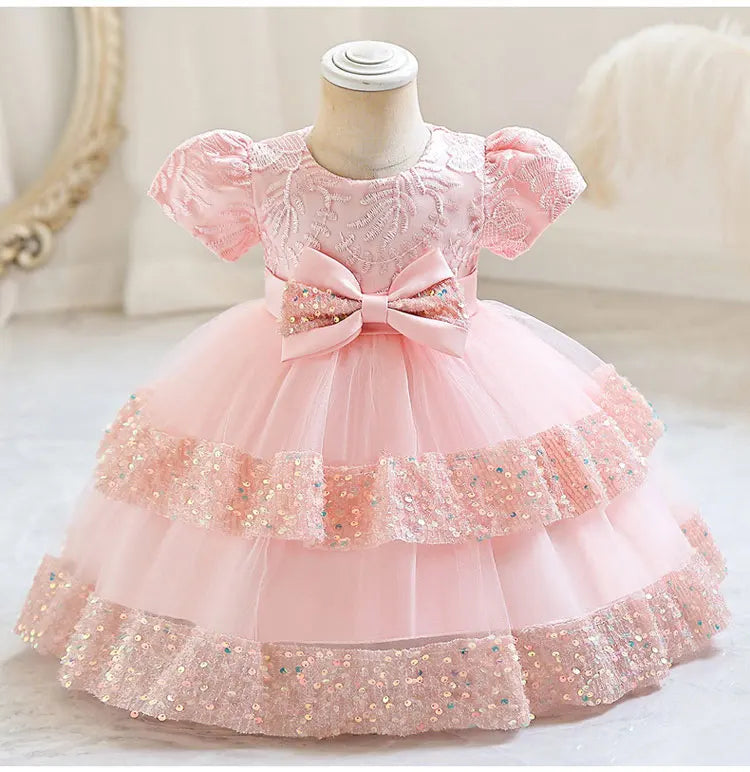 Yamza Tots' Closet Fashion Bow Girls Party Dress Cotton Short Sleeve Kids Summer Bridesmaid Dress in pink with sequins