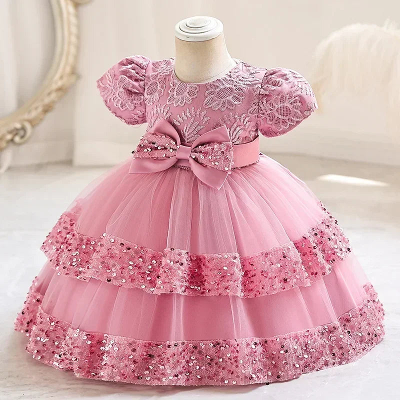 Fashion Bow Girls Party Dress Cotton Short Sleeve Kids Summer Bridesmaid Dress in pink with lace and sequins