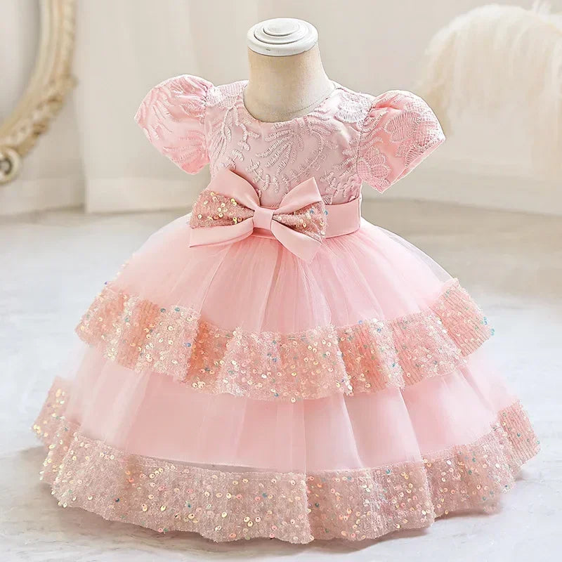 Fashion Bow Girls Party Dress Cotton Short Sleeve Kids Summer Bridesmaid Dress in pink with lace and sequin details
