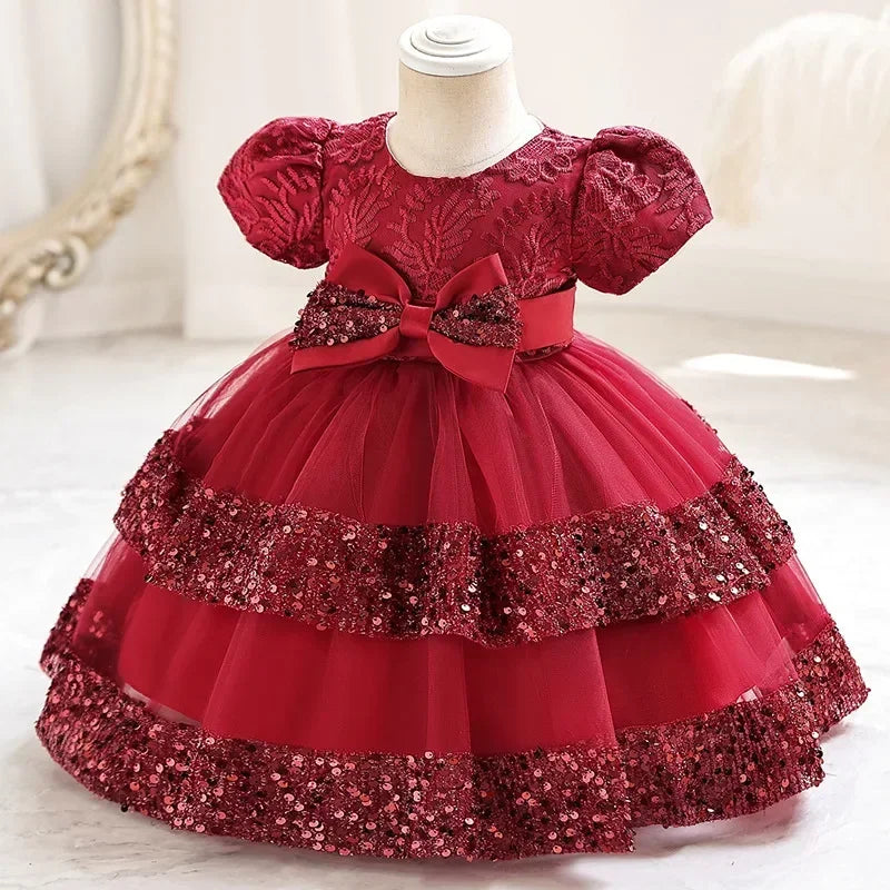 Fashion Bow Girls Party Dress Cotton Short Sleeve Kids Summer Bridesmaid Dress in red with lace and sequin details 
