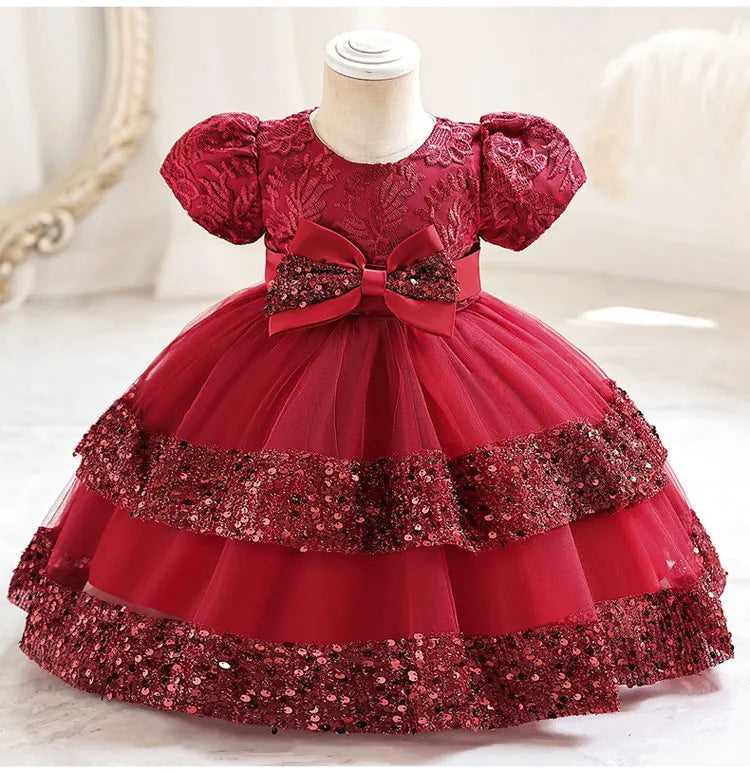 Fashion Bow Girls Party Dress Cotton Short Sleeve Kids Summer Bridesmaid Dress in red with lace and sequin details