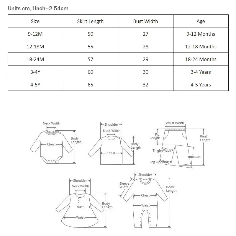 Measurement chart and size guide for Fashion Bow Girls Party Dress Cotton Short Sleeve Kids Summer Bridesmaid Dress by Yamza Tots Closet