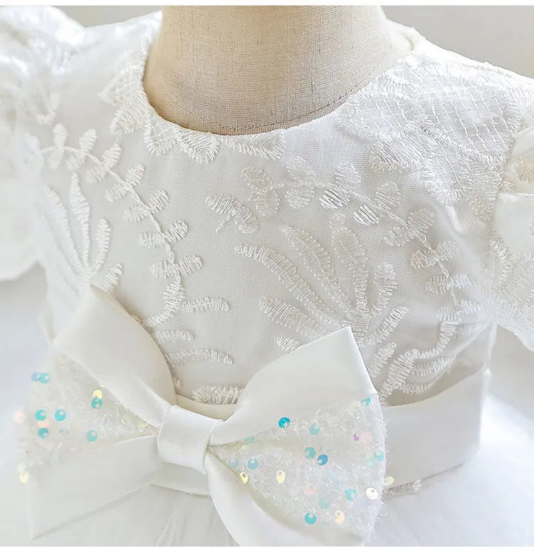 Fashion Bow Girls Party Dress Cotton Short Sleeve Kids Summer Bridesmaid Dress with white lace and sequined bow