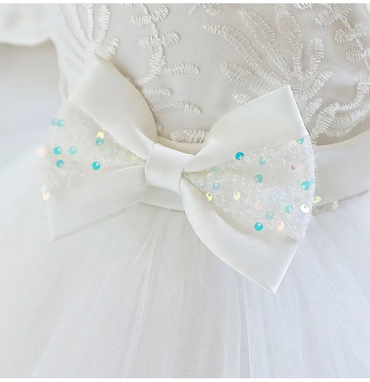 Fashion Bow Girls Party Dress Cotton Short Sleeve Kids Summer Bridesmaid Dress with sequin bow detail