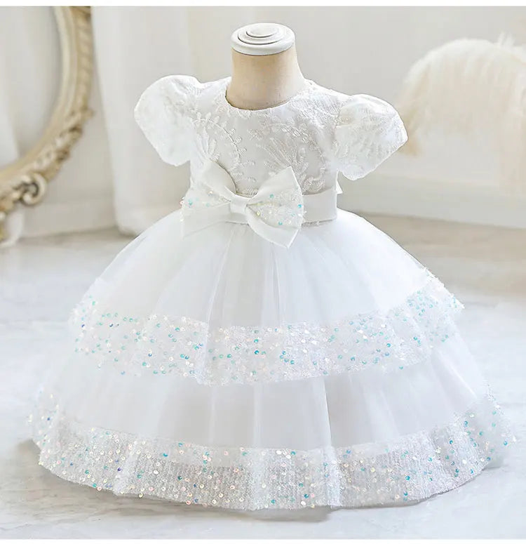 Fashion Bow Girls Party Dress Cotton Short Sleeve Kids Summer Bridesmaid Dress in white with lace and bow details