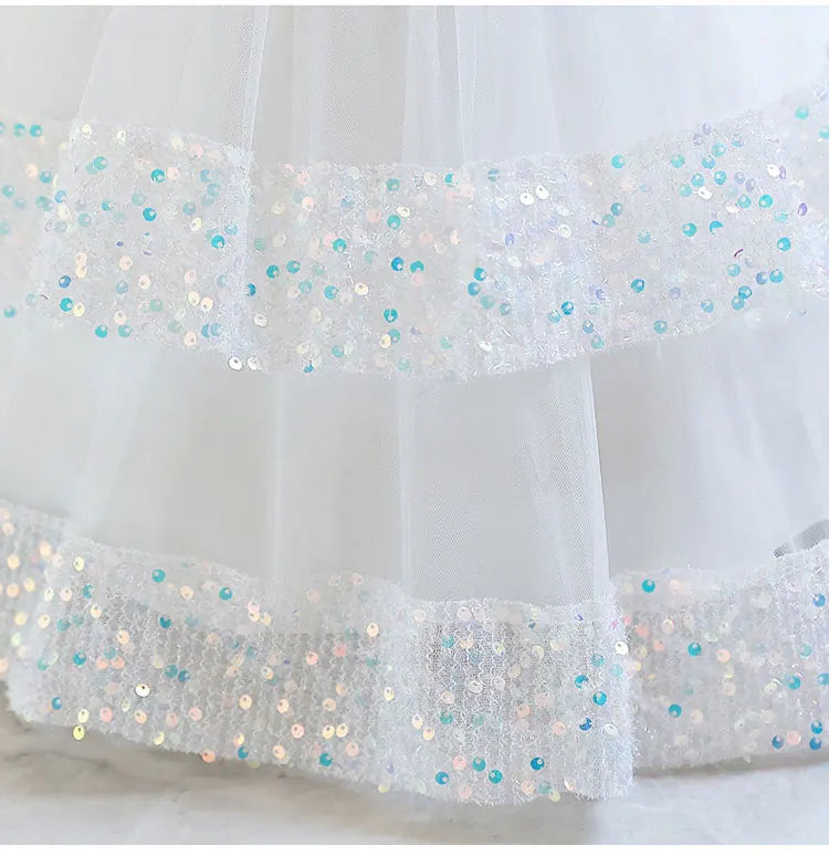 Fashion Bow Girls Party Dress Cotton Short Sleeve Kids Summer Bridesmaid Dress with sequin tulle layers