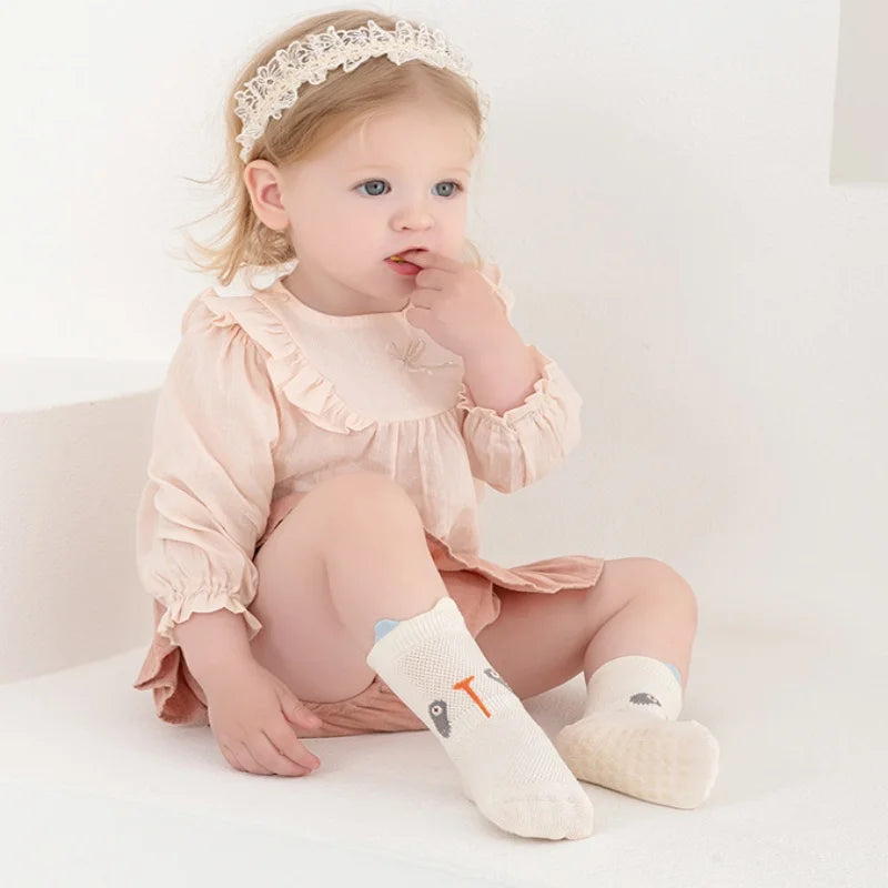 Fashion Cartoon Toddler Baby Mesh Floor Socks Soft Anti-Slip Summer Kids Wear on baby wearing pink dress