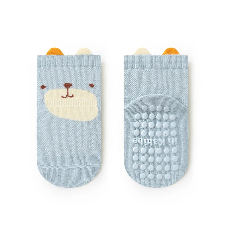 Fashion Cartoon Toddler Baby Mesh Floor Socks Soft Anti-Slip Summer Kids Wear blue socks with bear face and grips
