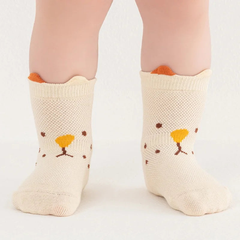 Fashion Cartoon Toddler Baby Mesh Floor Socks Soft Anti-Slip Summer Kids Wear beige with bear face design
