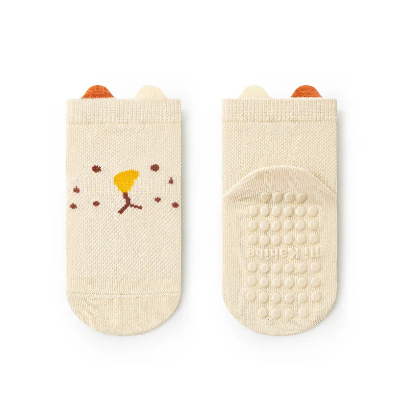 Fashion Cartoon Toddler Baby Mesh Floor Socks Soft Anti-Slip Summer Kids Wear beige with animal face and grip dots