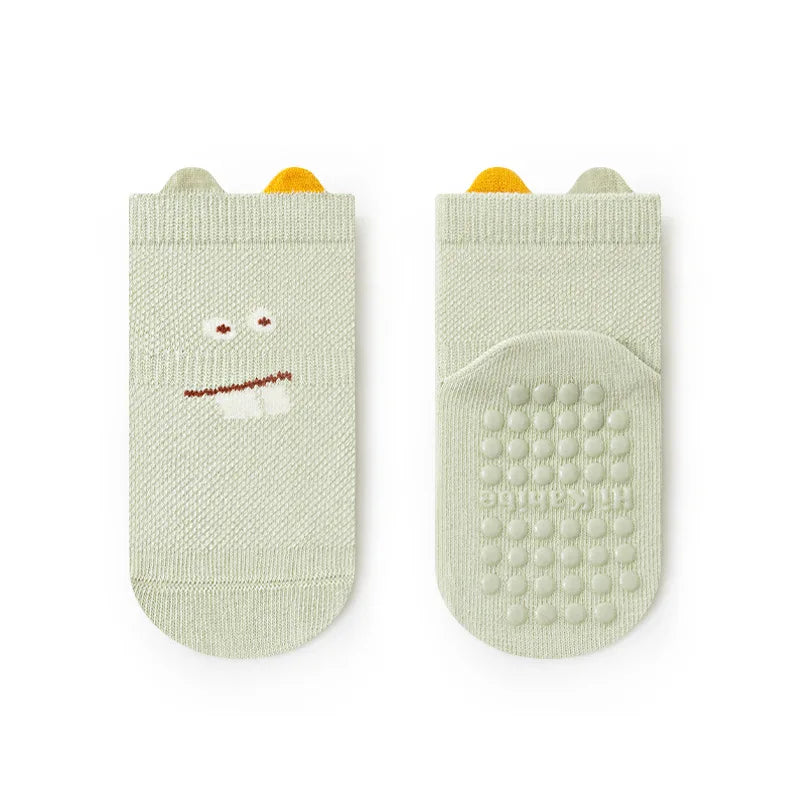 Fashion Cartoon Toddler Baby Mesh Floor Socks Soft Anti-Slip Summer Kids Wear in light green with cute face design