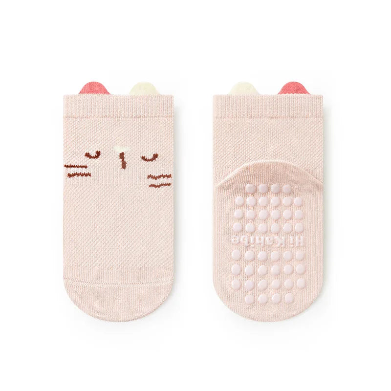 Fashion Cartoon Toddler Baby Mesh Floor Socks Soft Anti-Slip Summer Kids Wear in light pink with cat face design and grip dots