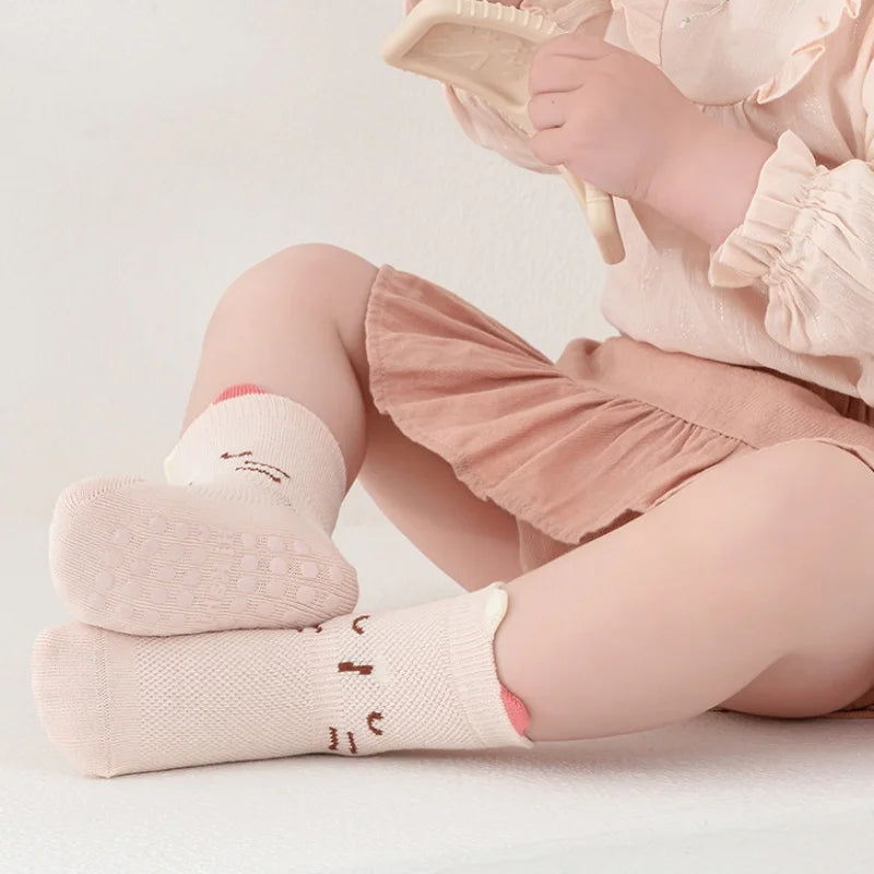 Fashion Cartoon Toddler Baby Mesh Floor Socks Soft Anti-Slip Summer Kids Wear in light pink on baby legs