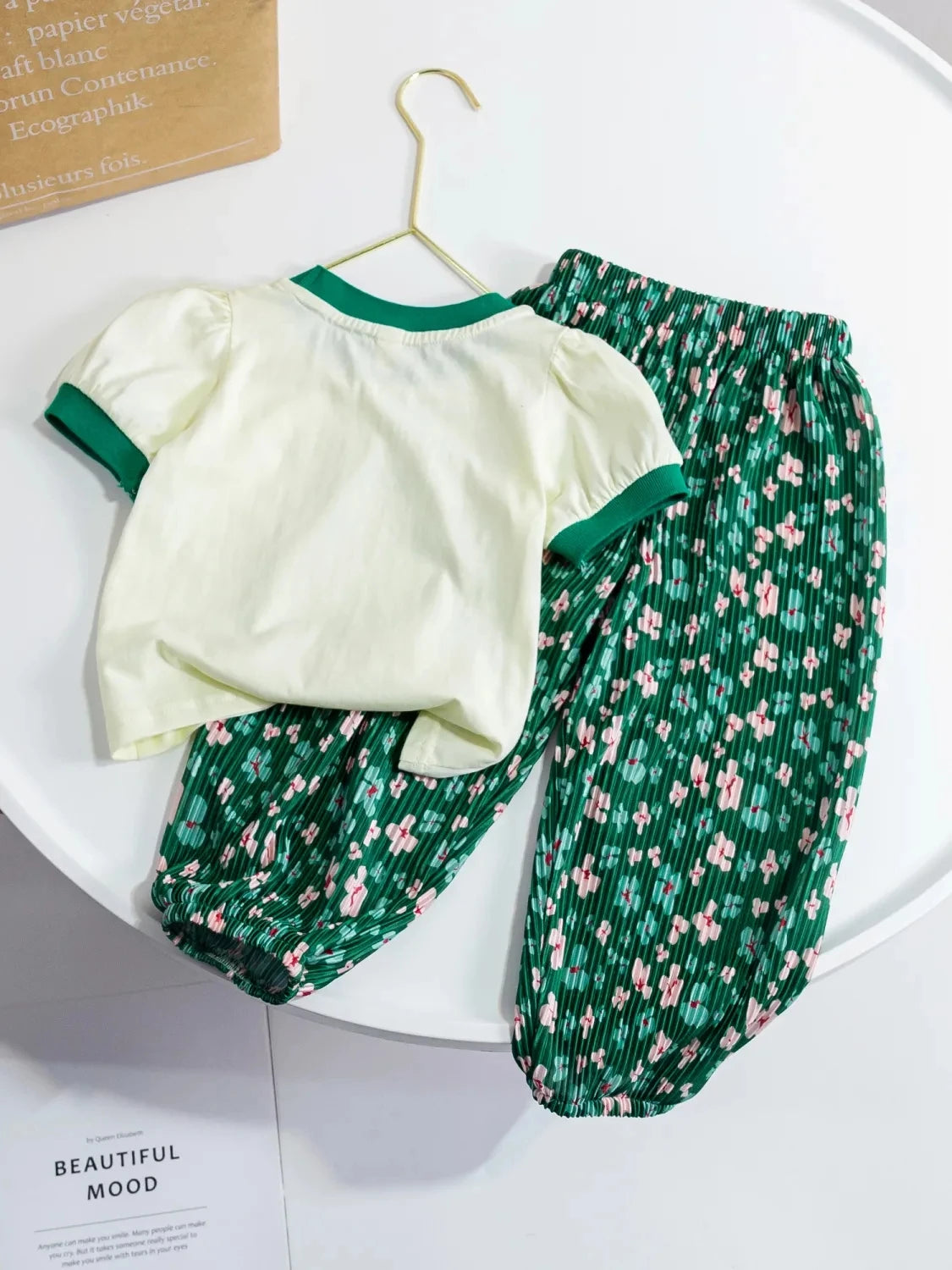 Fashion Children Girl Sets Summer Shorts with green floral pants and cream top with green trim