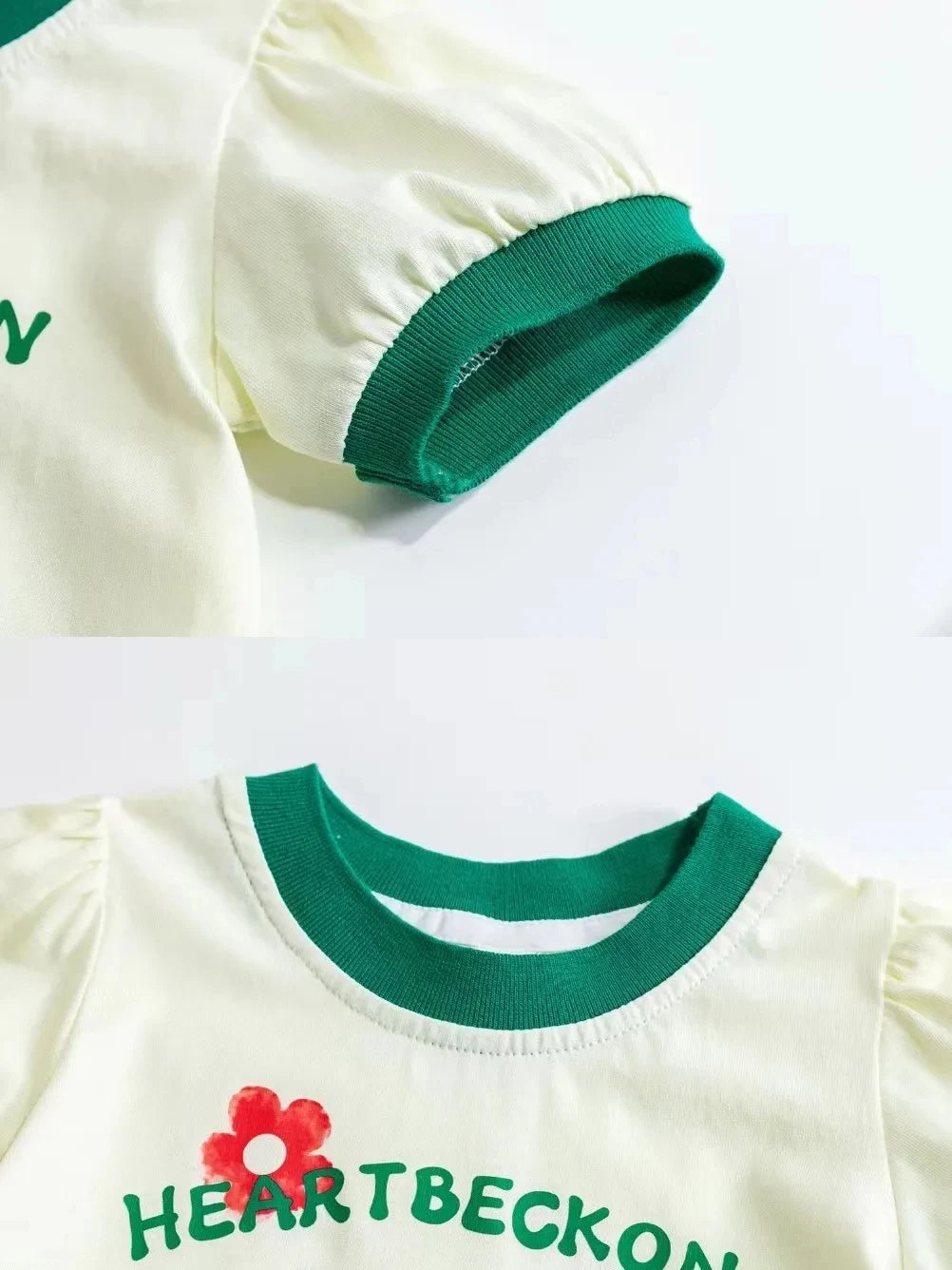 Fashion Children Girl Sets Summer Shorts close-up of cream top with green trim and red flower print by Yamza Tots Closet