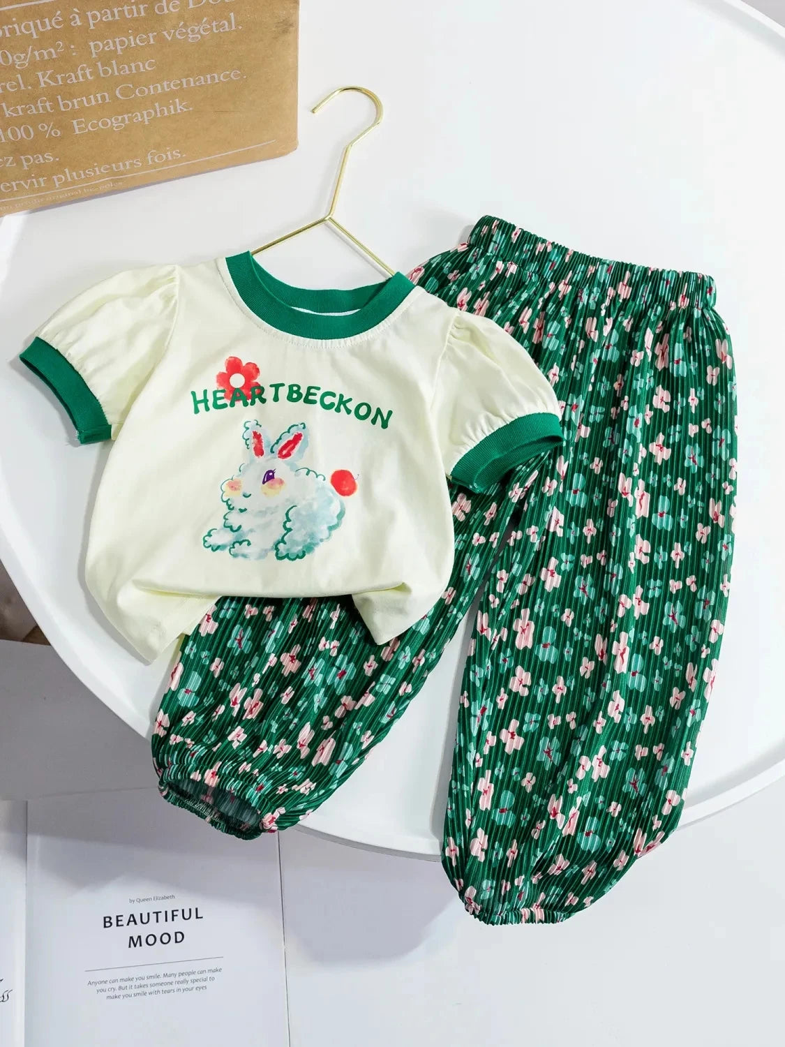 Fashion Children Girl Sets Summer Shorts by Yamza Tots' Closet featuring green floral pants and white bunny print shirt